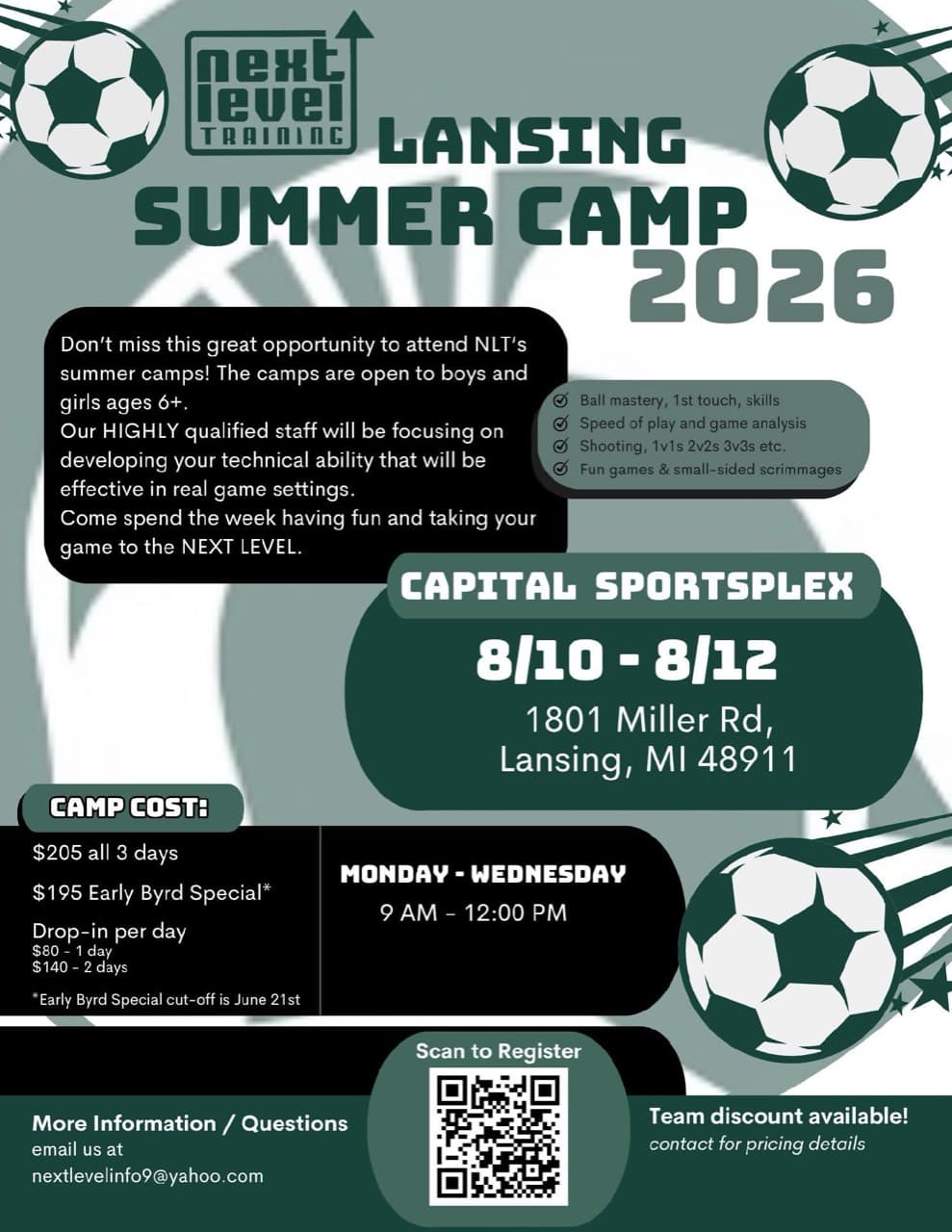 Next Level Training Lansing Summer Camp 2026 flyer